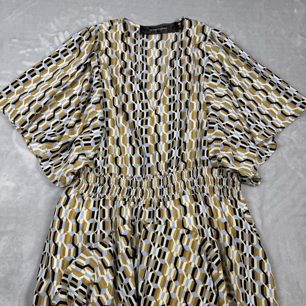 Code‎ Mode Womens Geometric Print Maxi Dress Mustard Blue V-Neck Smocked Waist M